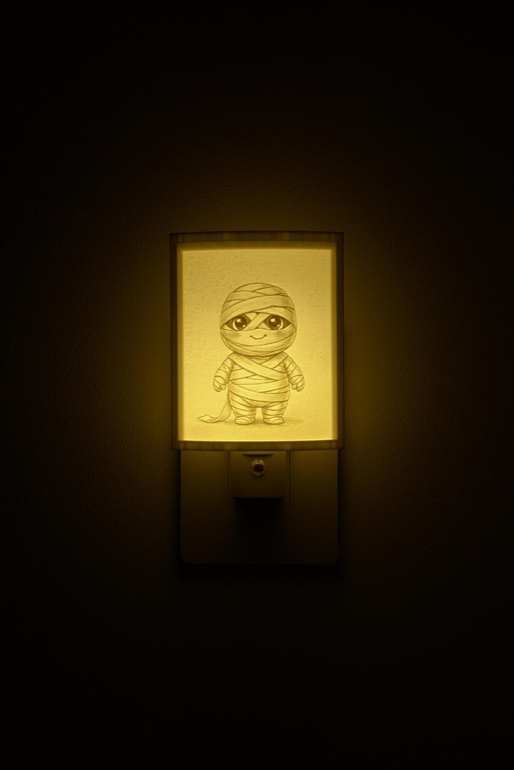 Mummy night light glowing against a dark wall, plugged into an outlet