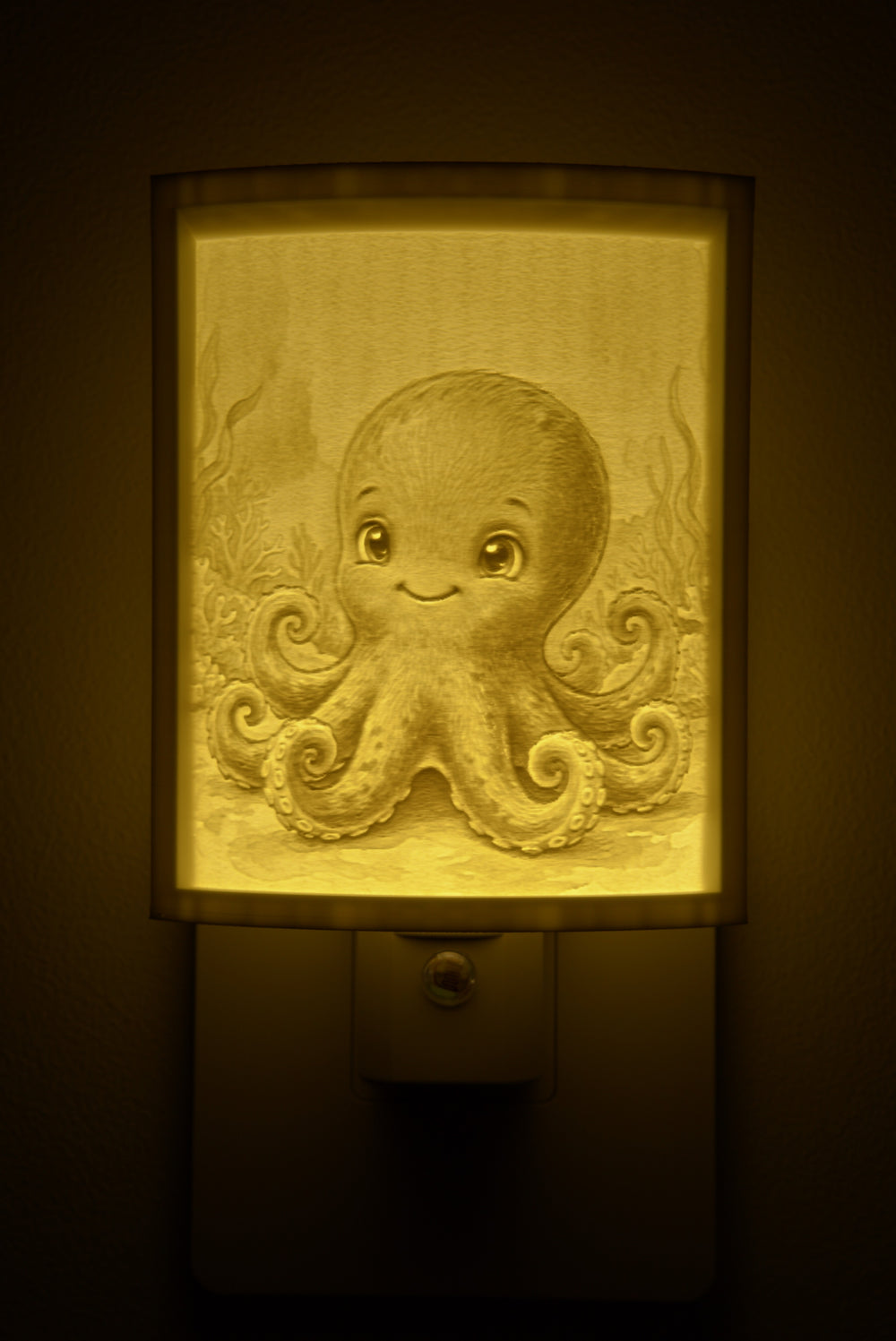 Close-up of the octopus design in warm light
