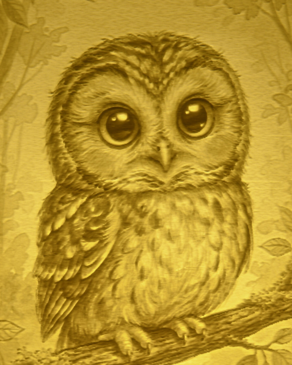 Close-up of the Owl design in warm light