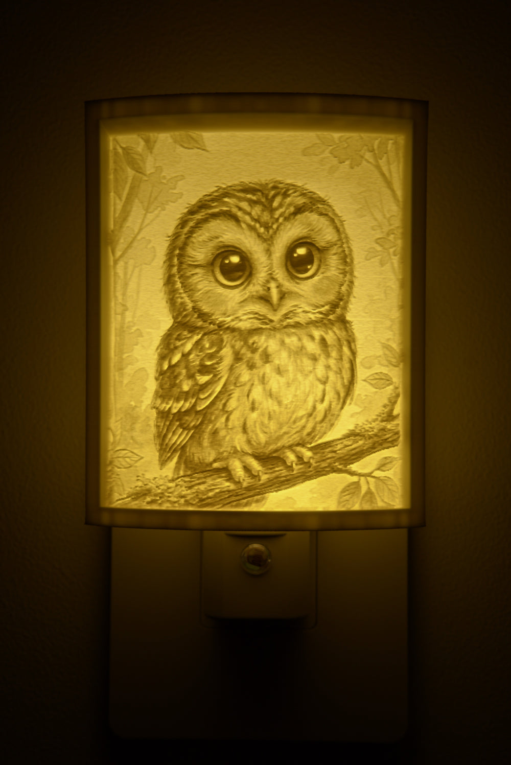 Close-up of the owl design in warm light