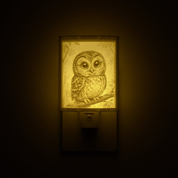 Owl night light glowing against a dark wall, plugged into an outlet
