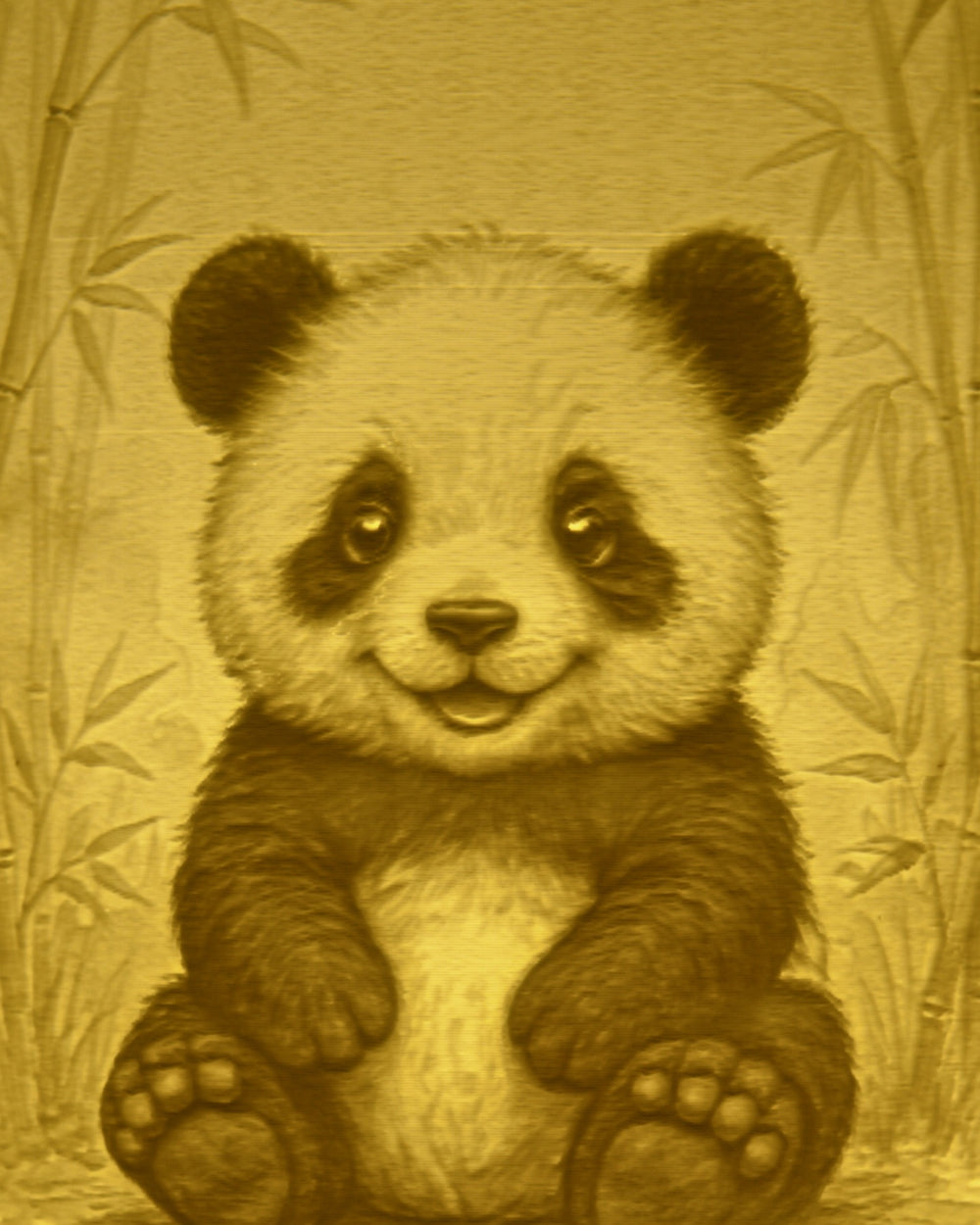 Close-up of the Panda design in warm light