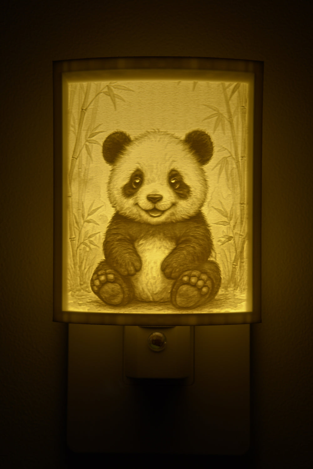 Close-up of the panda design in warm light