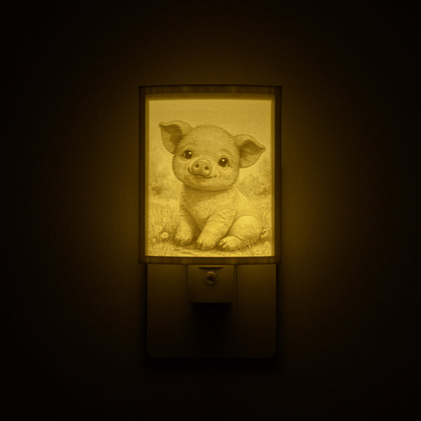 Pig night light glowing against a dark wall, plugged into an outlet