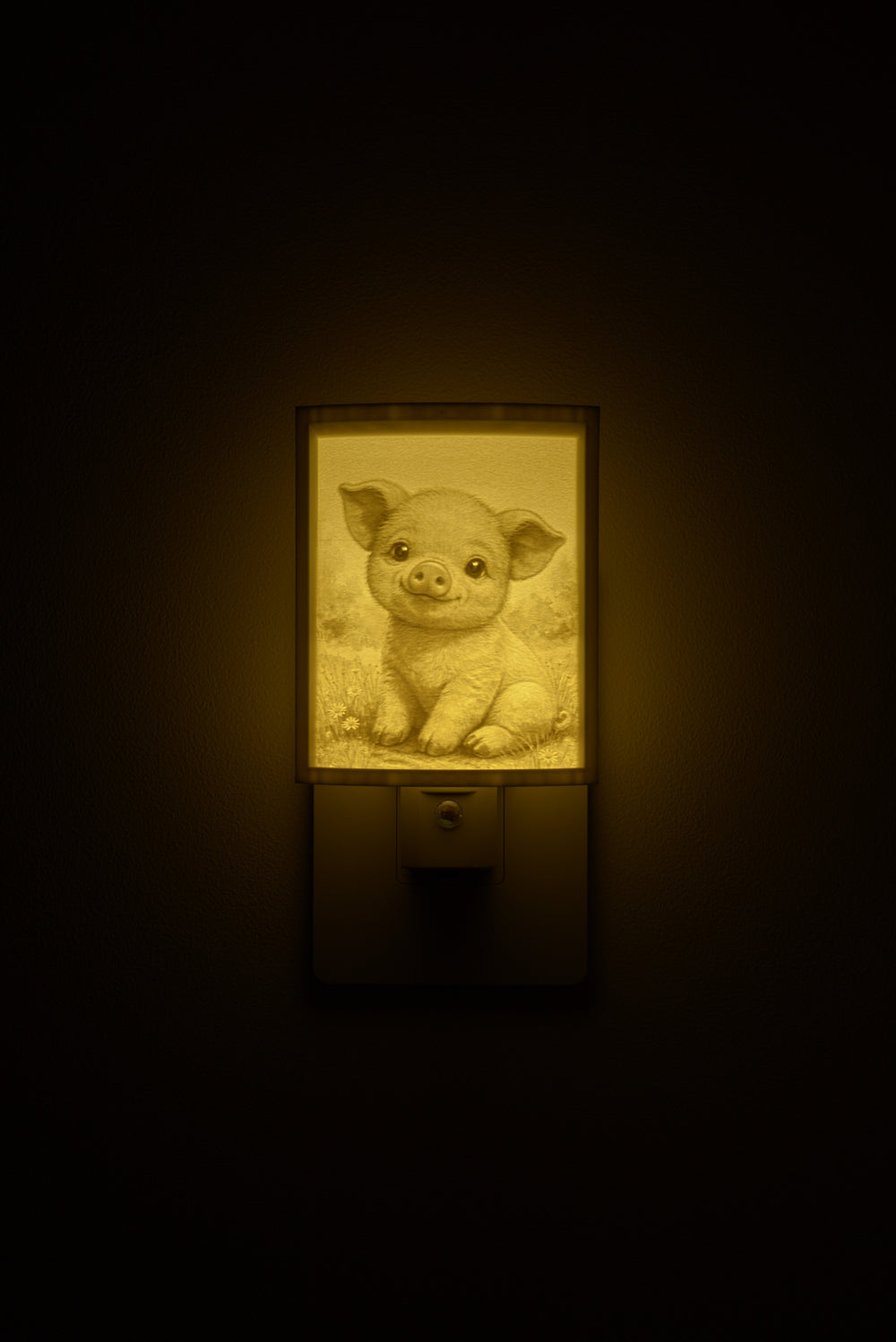 Pig night light glowing against a dark wall, plugged into an outlet