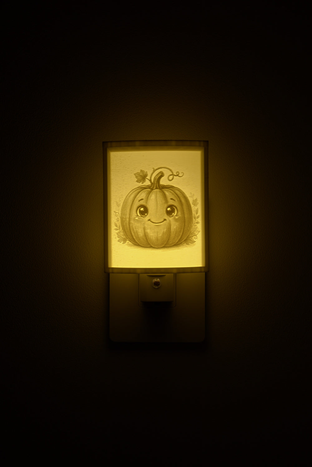 Pumpkin night light glowing against a dark wall, plugged into an outlet