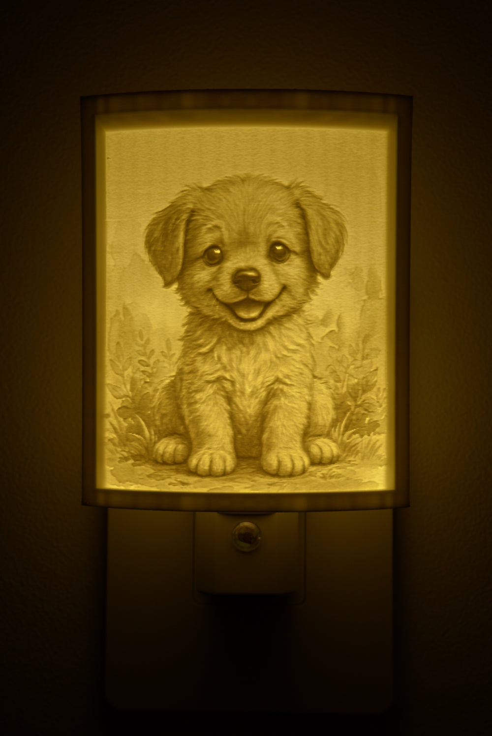 Close-up of the puppy design in warm light