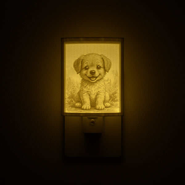 Puppy night light glowing against a dark wall, plugged into an outlet