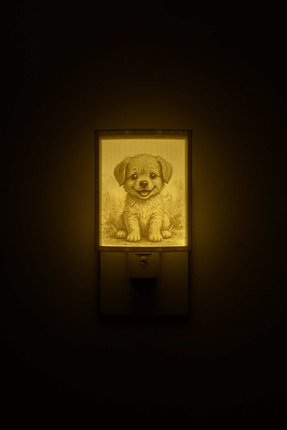 Puppy night light glowing against a dark wall, plugged into an outlet