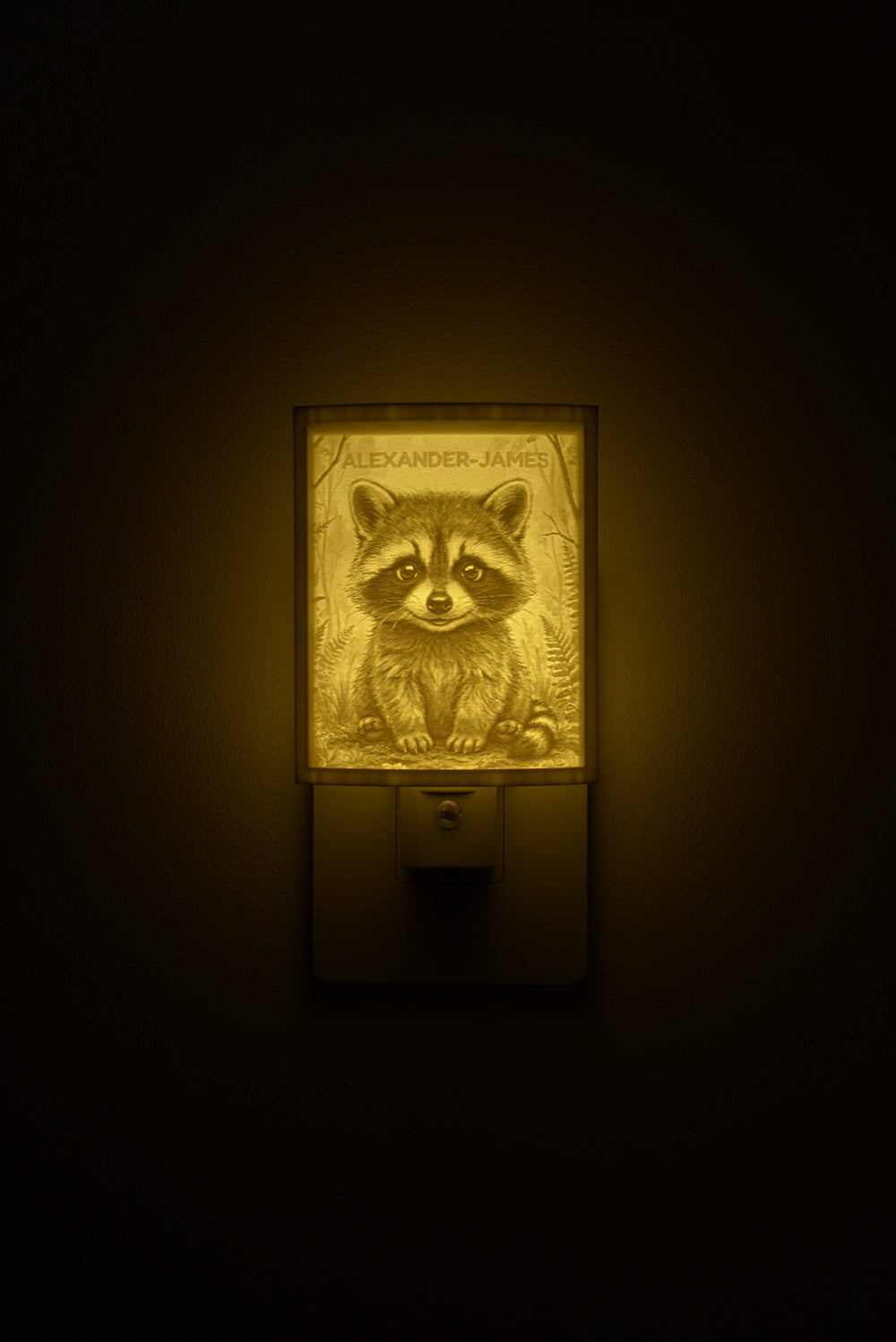 Raccoon night light personalized with a child's name