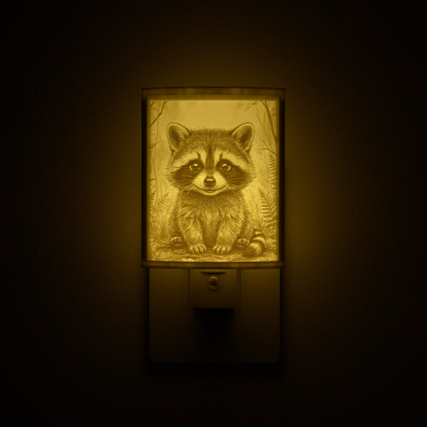 Raccoon night light glowing against a dark wall, plugged into an outlet