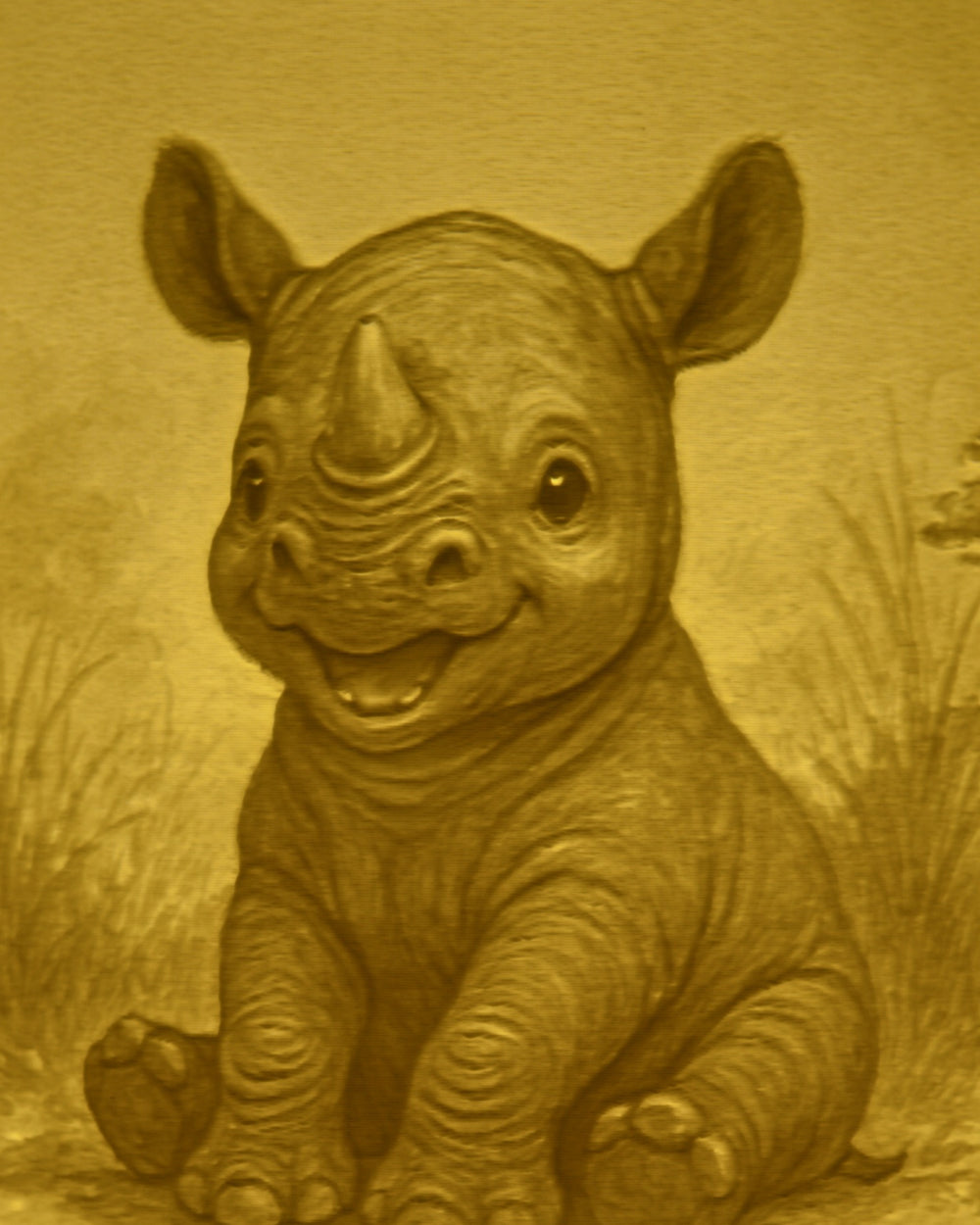 Close-up of the Rhino design in warm light