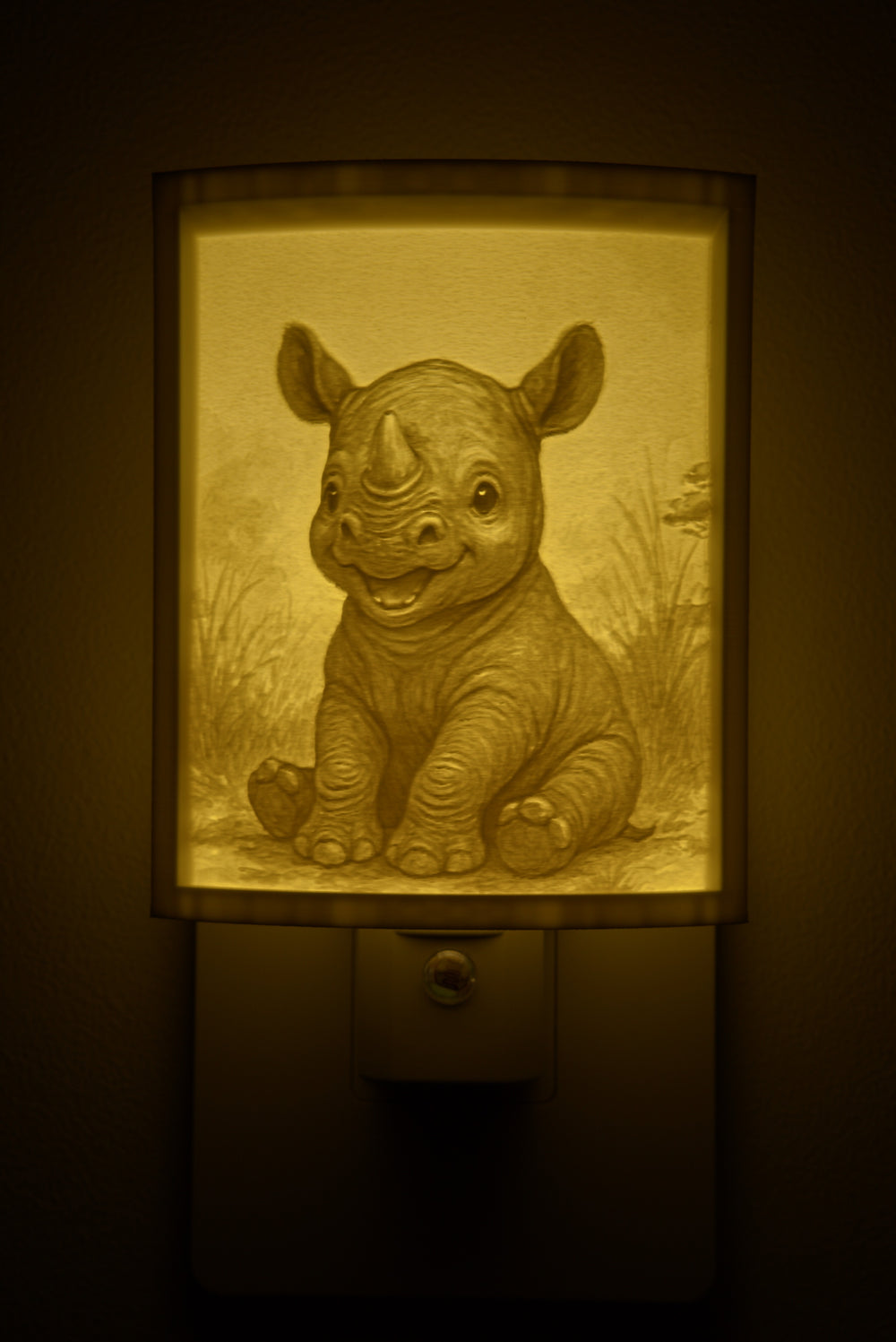 Close-up of the rhino design in warm light