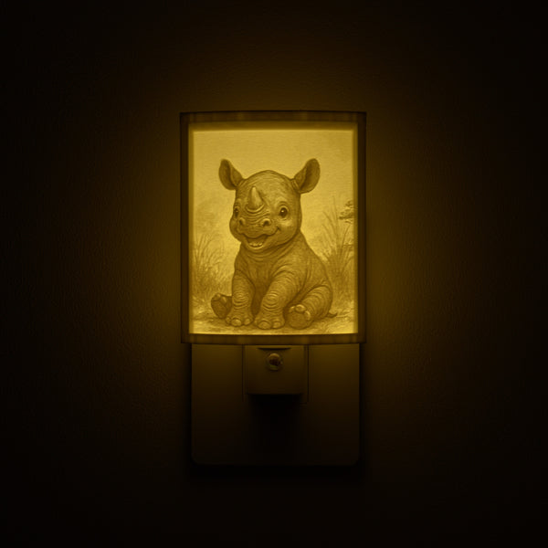 Rhino night light glowing against a dark wall, plugged into an outlet