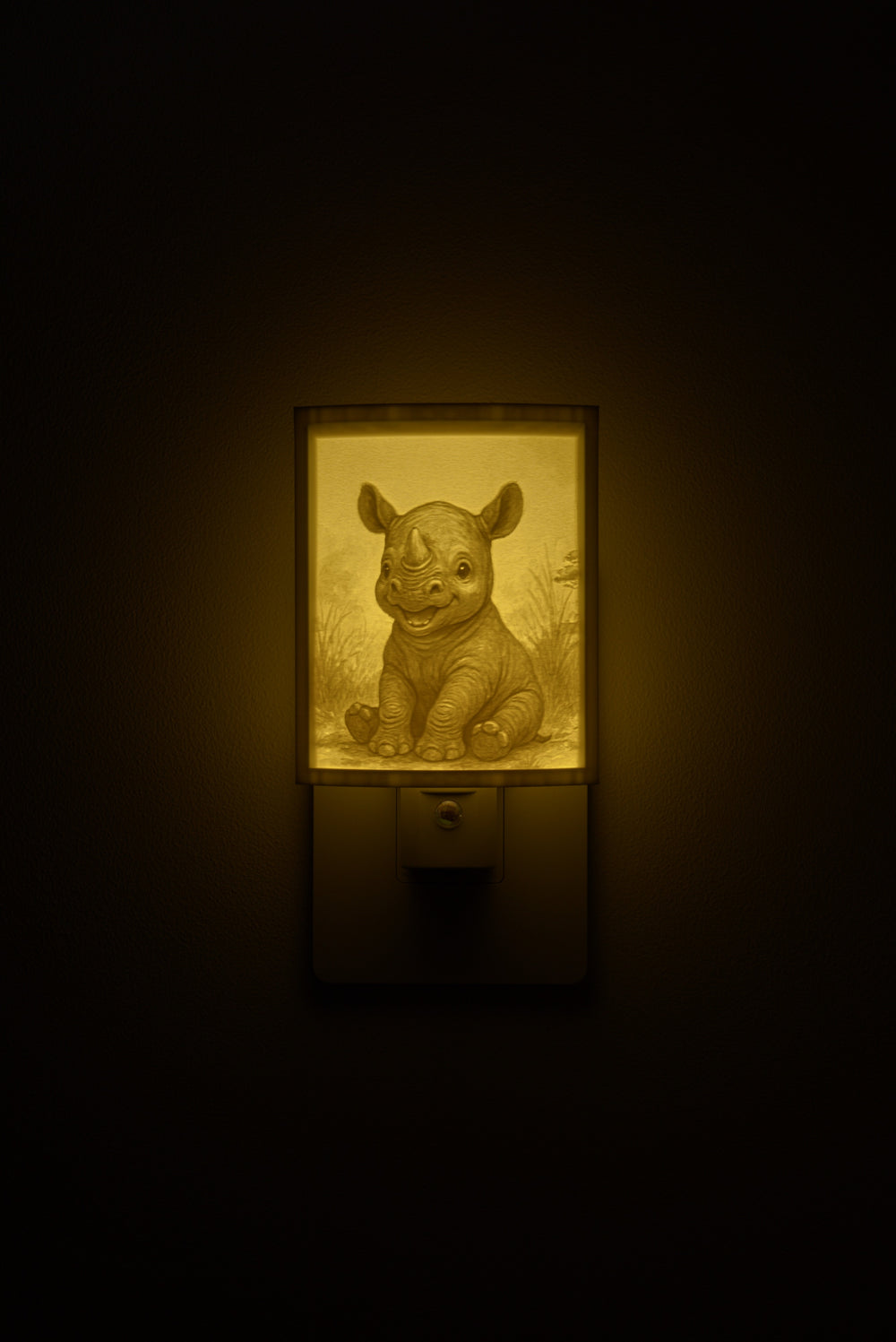Rhino night light glowing against a dark wall, plugged into an outlet