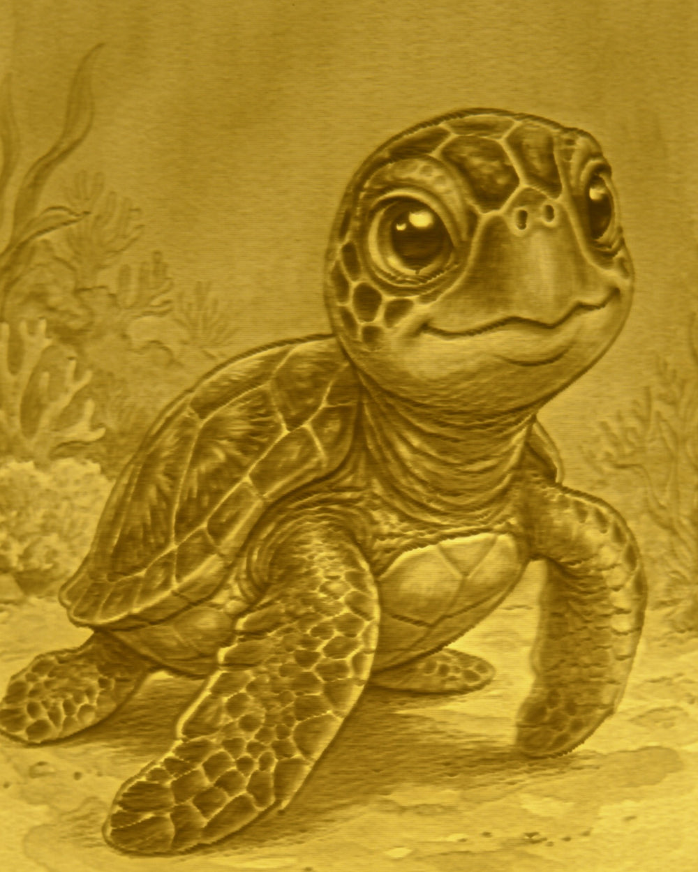 Close-up of the Sea Turtle design in warm light