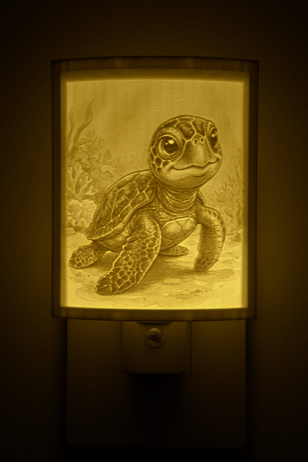 Close-up of the sea turtle design in warm light