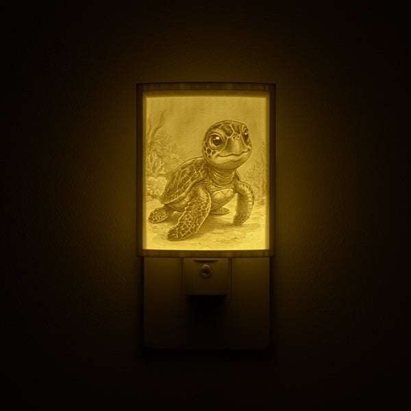 Sea Turtle night light glowing against a dark wall, plugged into an outlet