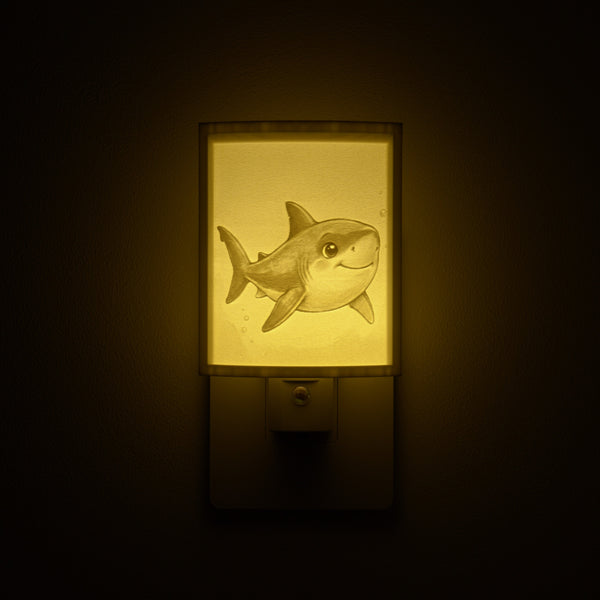 Shark night light glowing against a dark wall, plugged into an outlet