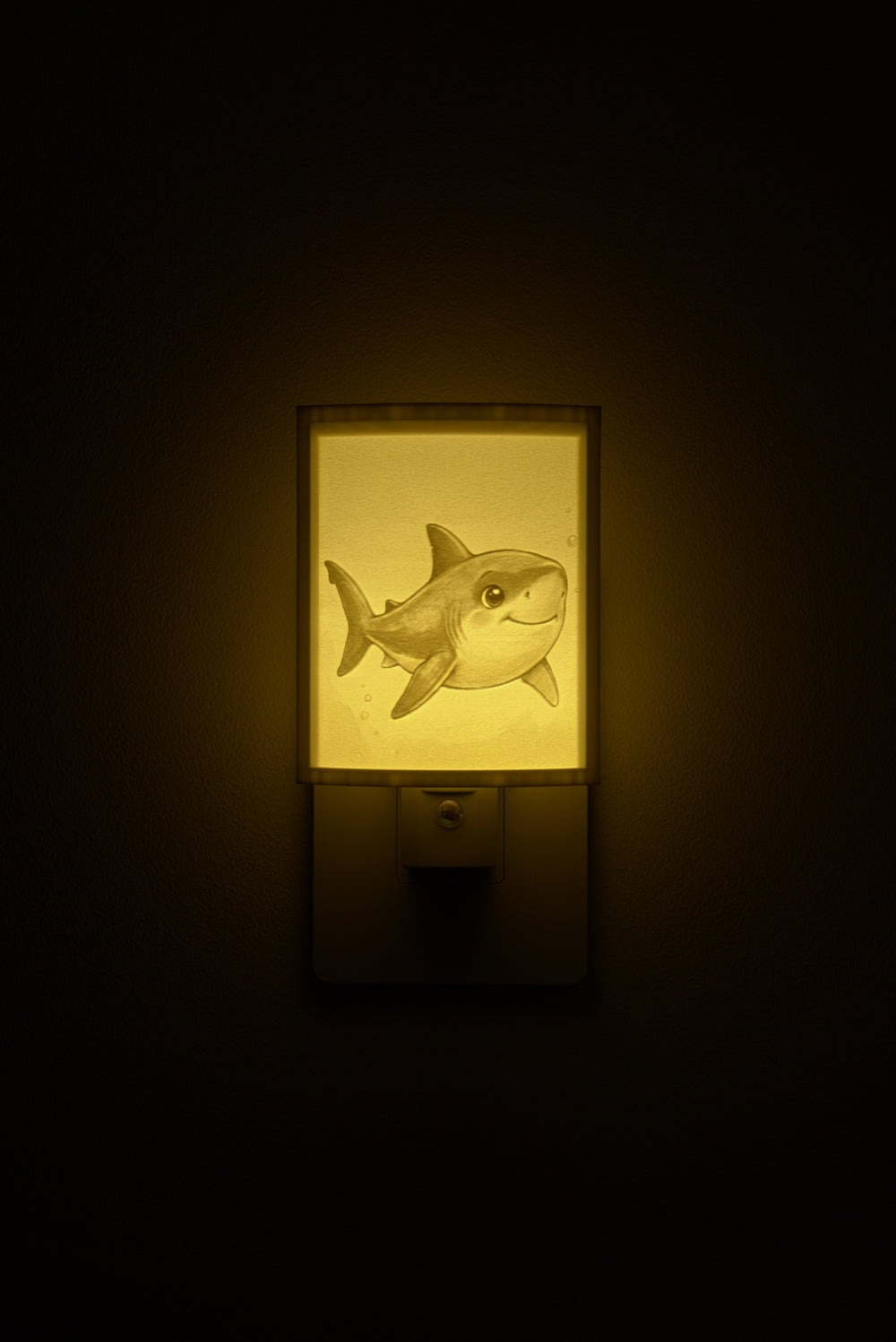 Shark night light glowing against a dark wall, plugged into an outlet