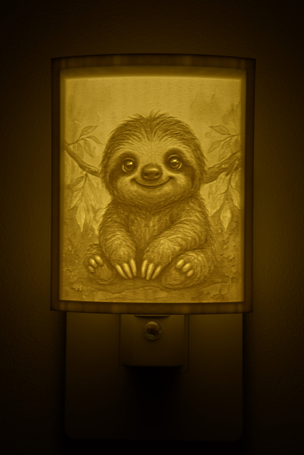 Close-up of the sloth design in warm light