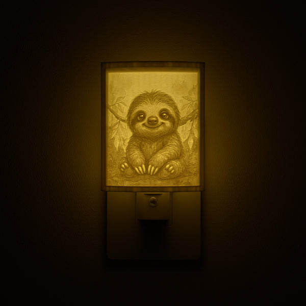 Sloth night light glowing against a dark wall, plugged into an outlet