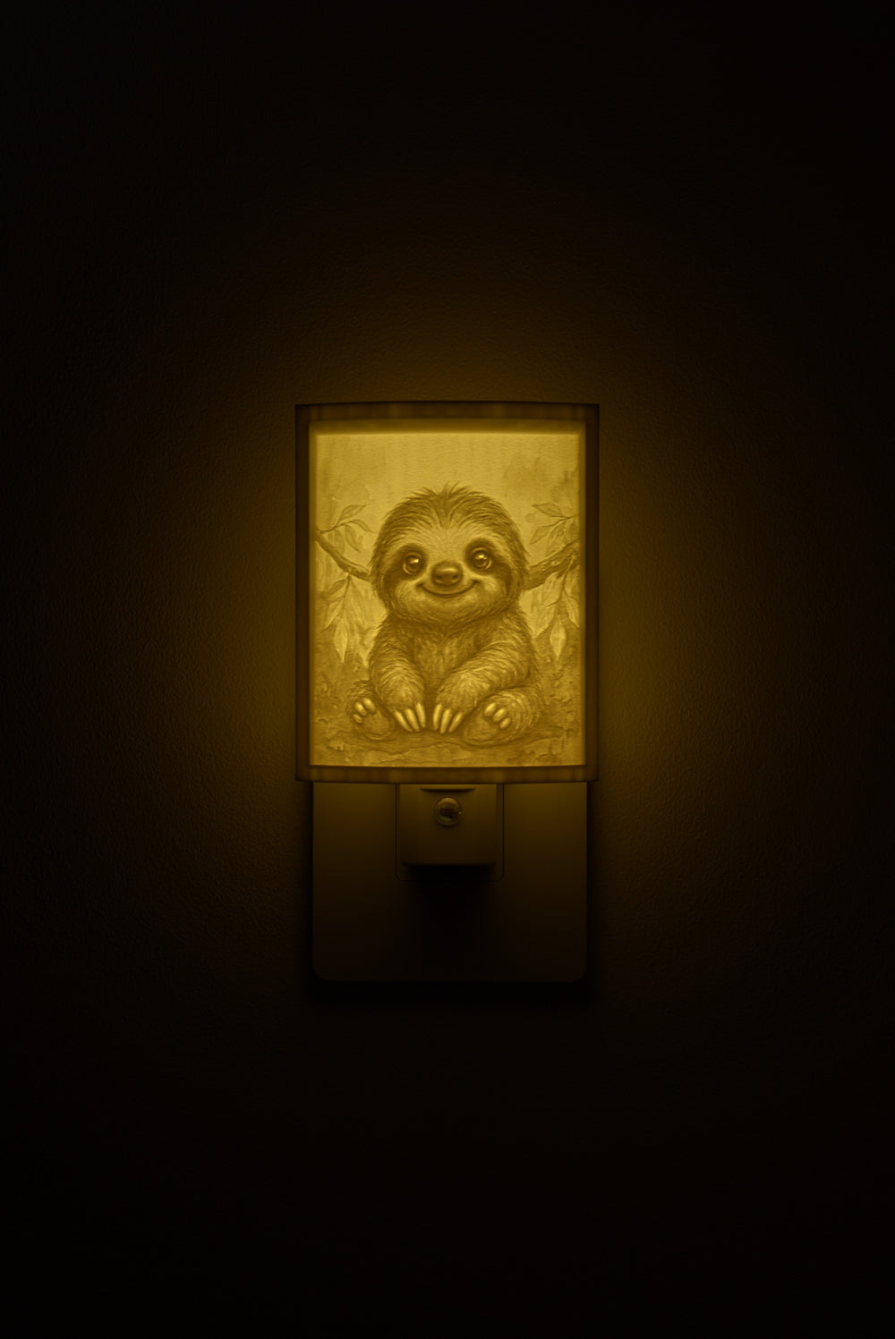 Sloth night light glowing against a dark wall, plugged into an outlet