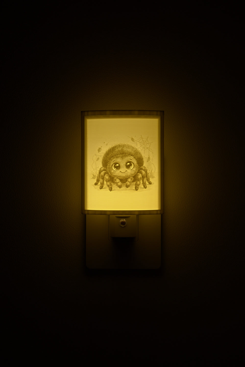 Spider night light glowing against a dark wall, plugged into an outlet
