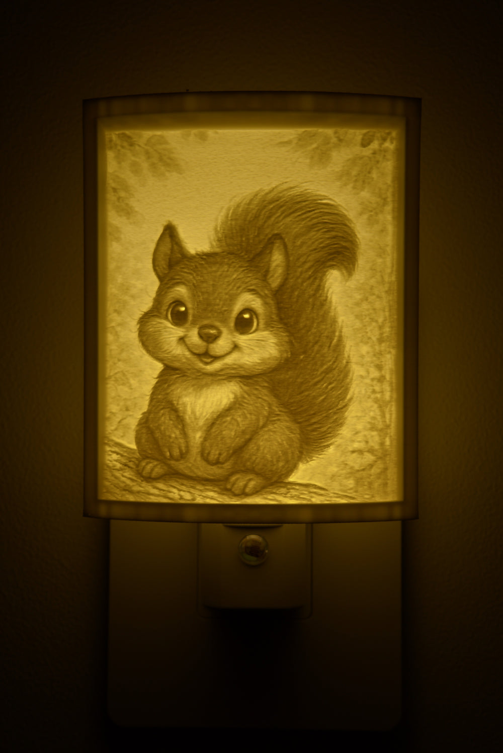 Close-up of the squirrel design in warm light