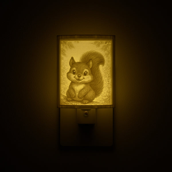 Squirrel night light glowing against a dark wall, plugged into an outlet