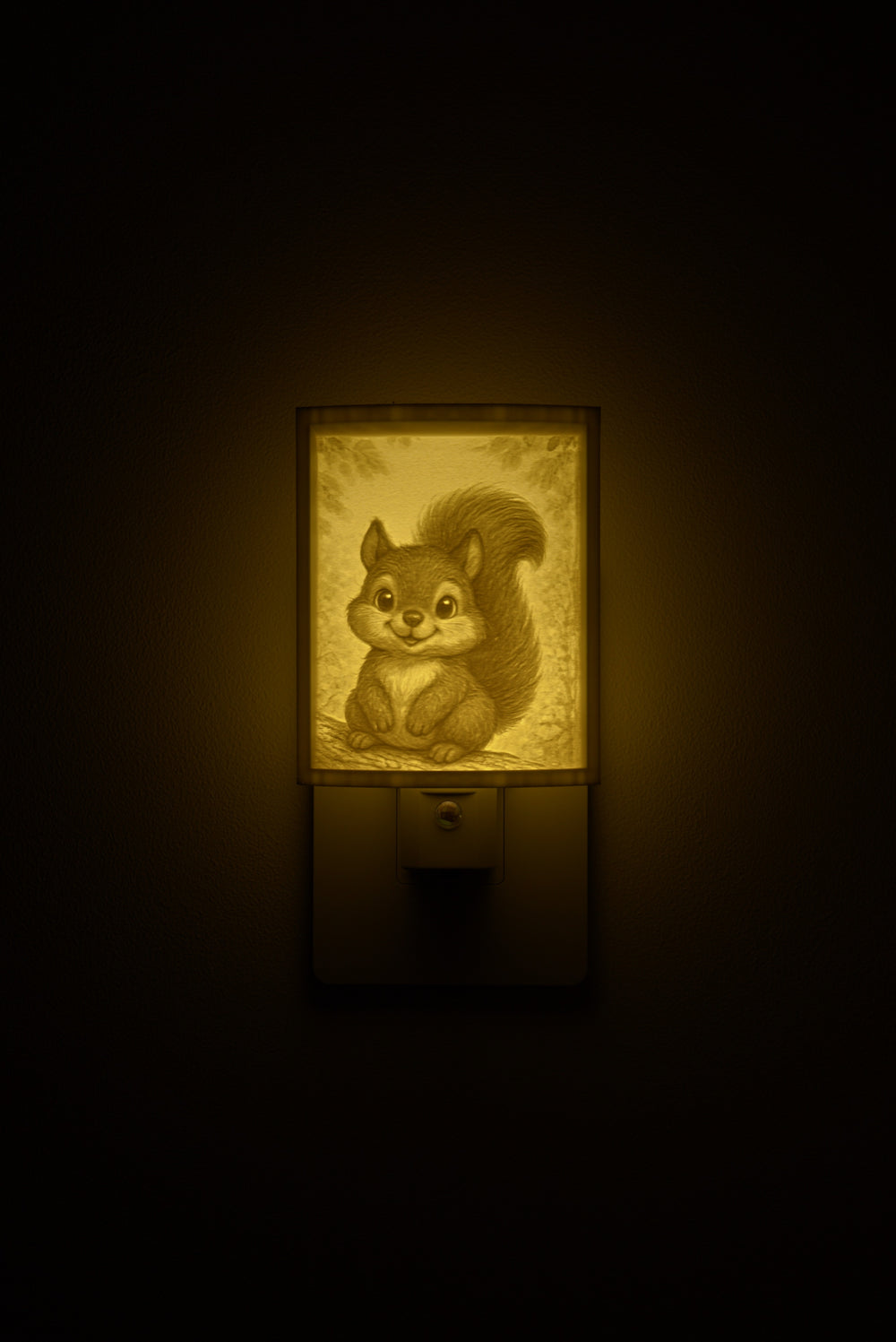 Squirrel night light glowing against a dark wall, plugged into an outlet