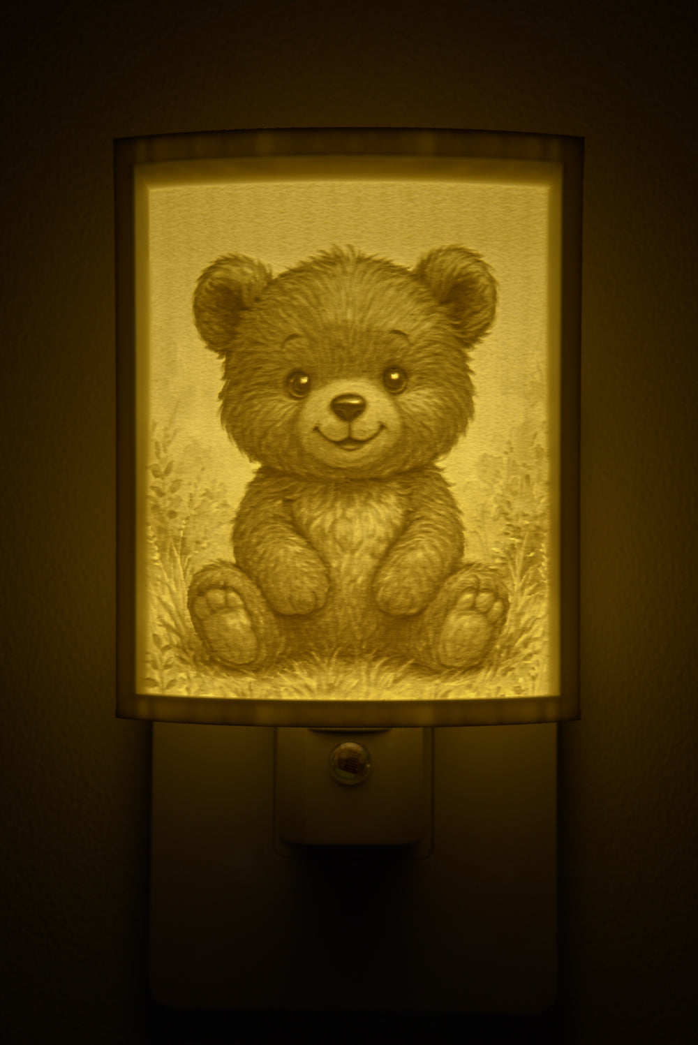Close-up of the teddy bear design in warm light