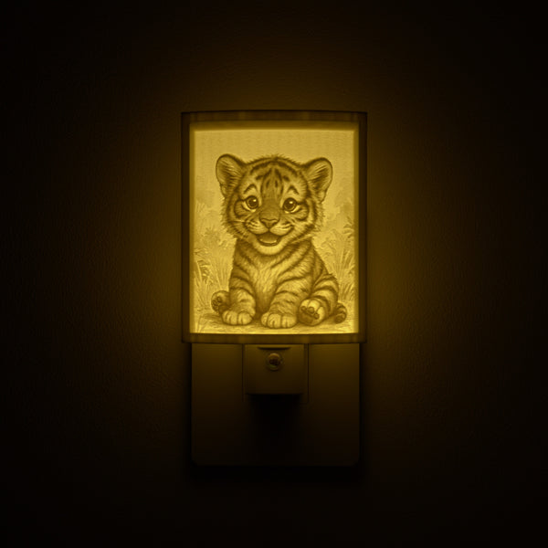 Tiger night light glowing against a dark wall, plugged into an outlet