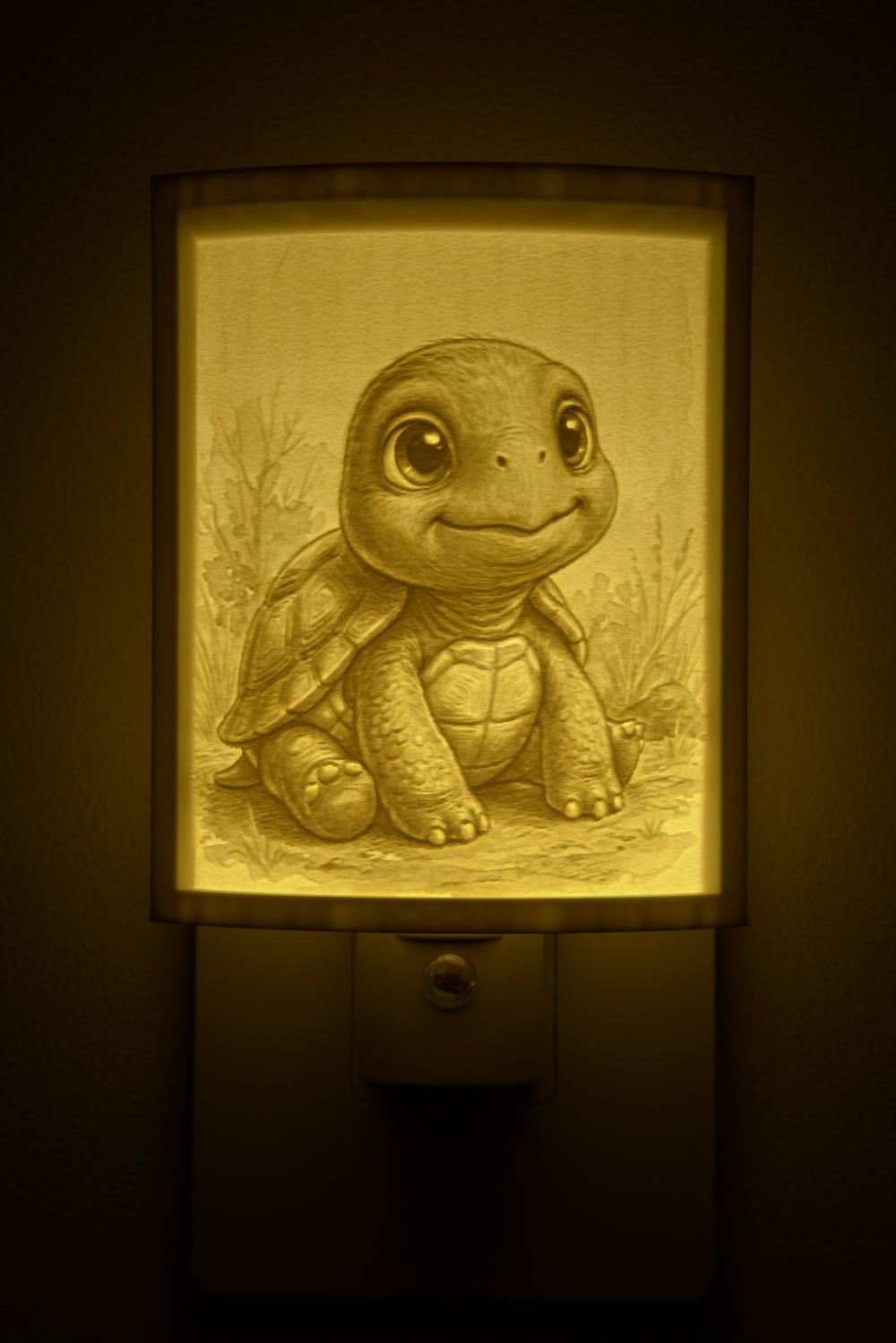 Close-up of the tortoise design in warm light