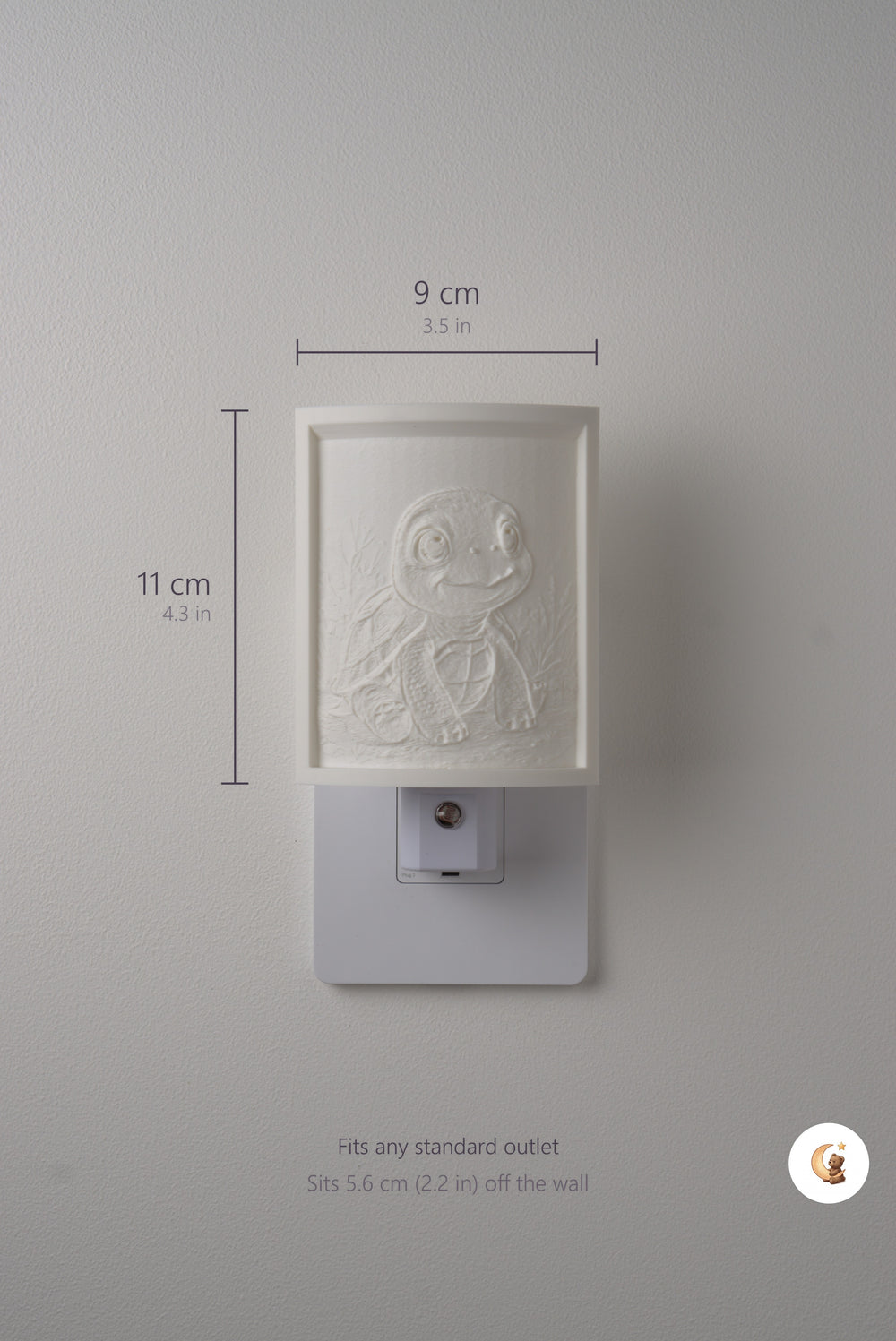 Size guide: the Tortoise night light is 9 cm (3.5 in) wide by 11 cm (4.3 in) tall and fits any standard outlet