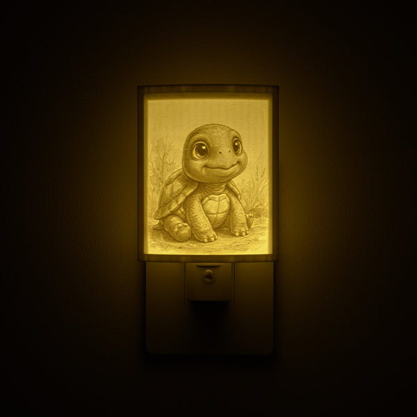 Tortoise night light glowing against a dark wall, plugged into an outlet