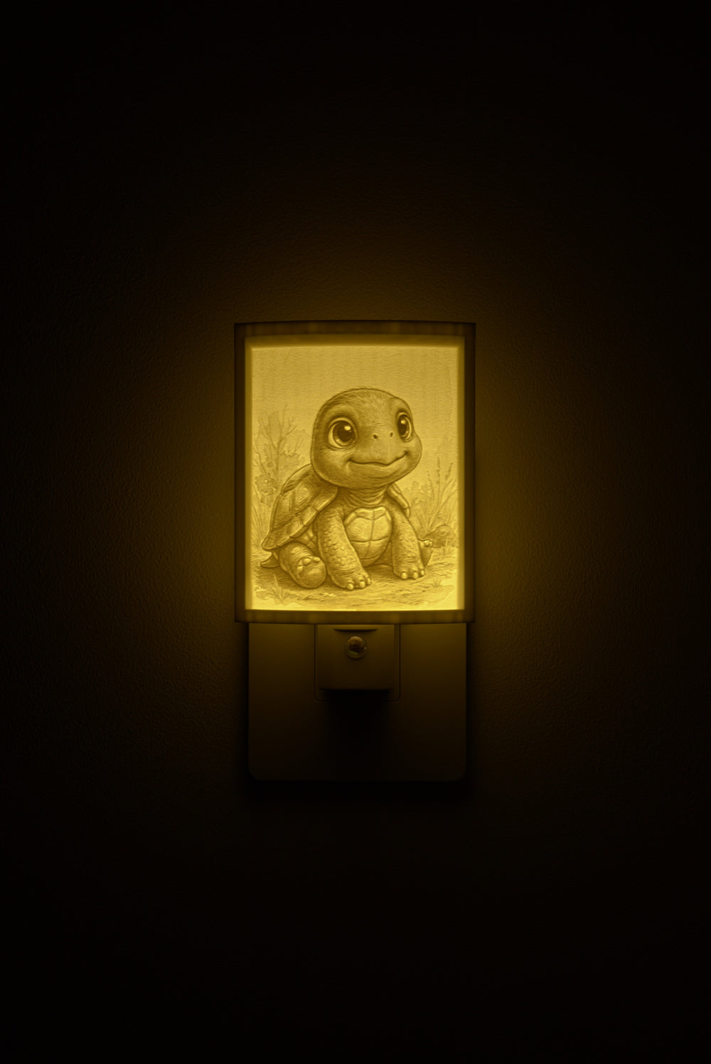 Tortoise night light glowing against a dark wall, plugged into an outlet