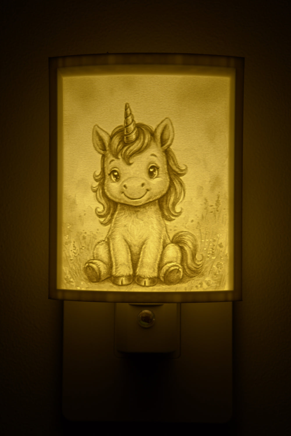 Close-up of the unicorn design in warm light