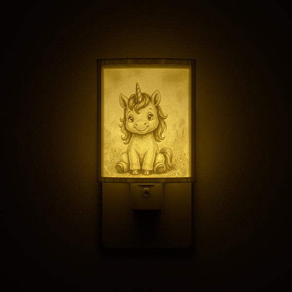 Unicorn night light glowing against a dark wall, plugged into an outlet