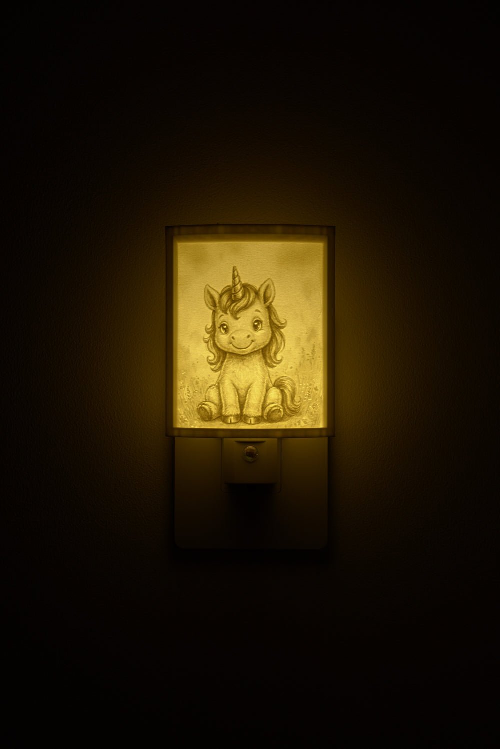 Unicorn night light glowing against a dark wall, plugged into an outlet
