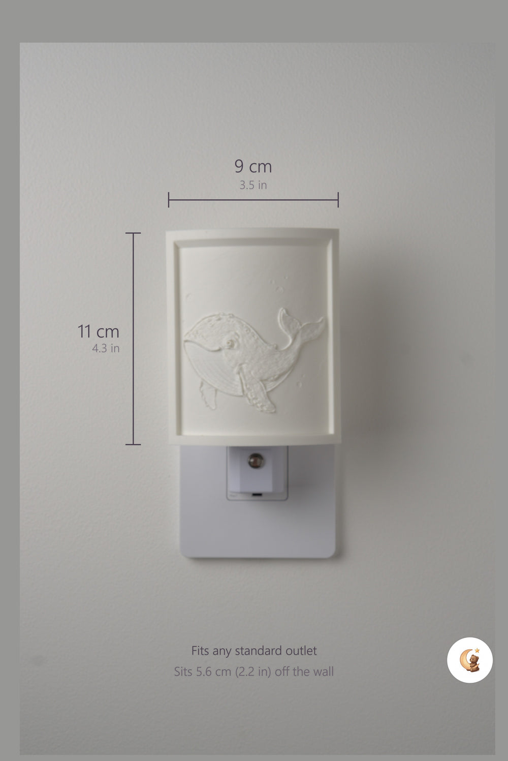 Size guide: the Whale night light is 9 cm (3.5 in) wide by 11 cm (4.3 in) tall and fits any standard outlet