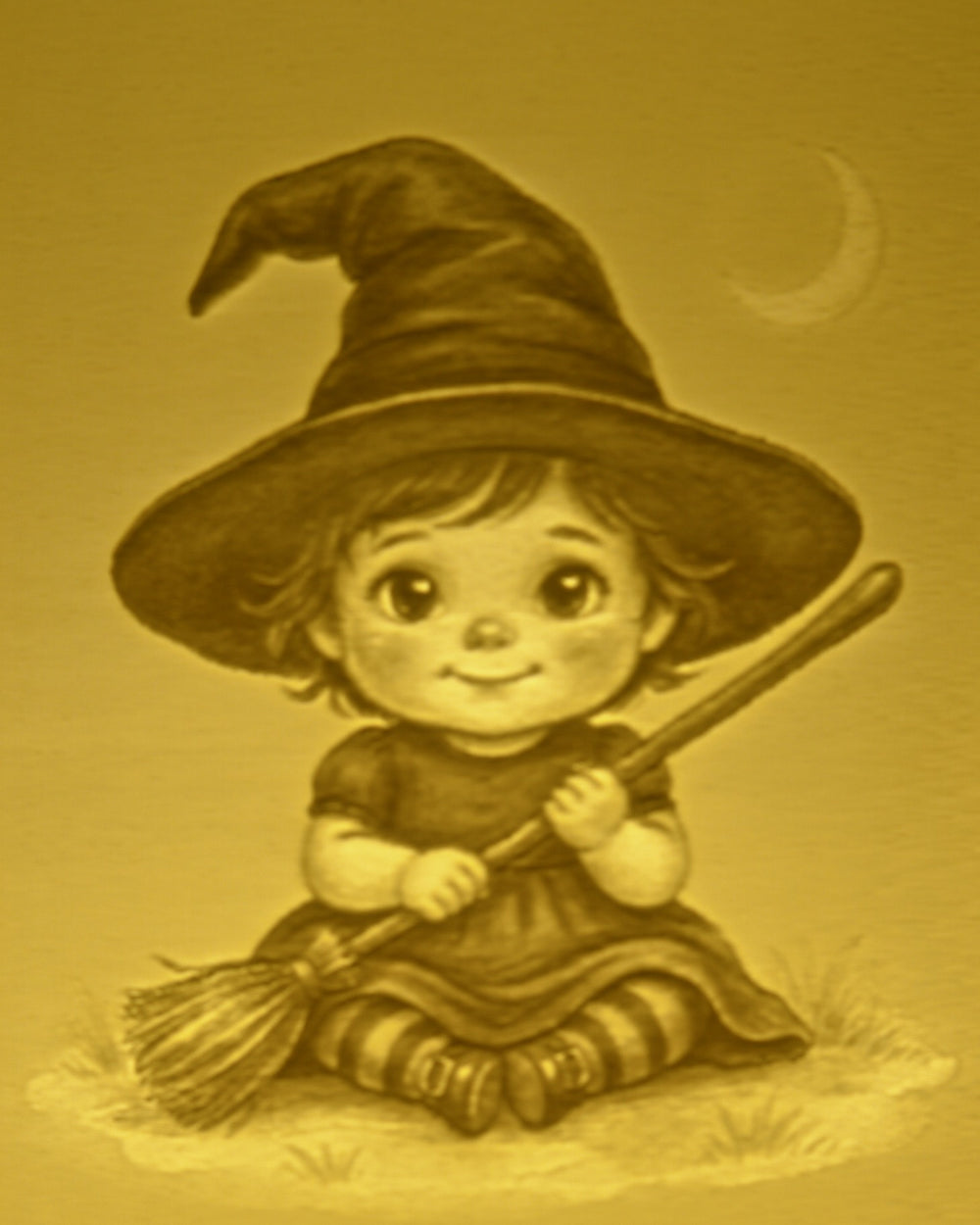 Close-up of the Little Witch design in warm light
