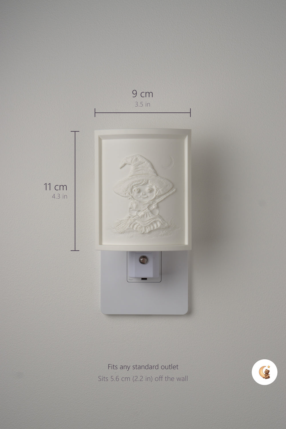 Size guide: the Little Witch night light is 9 cm (3.5 in) wide by 11 cm (4.3 in) tall and fits any standard outlet