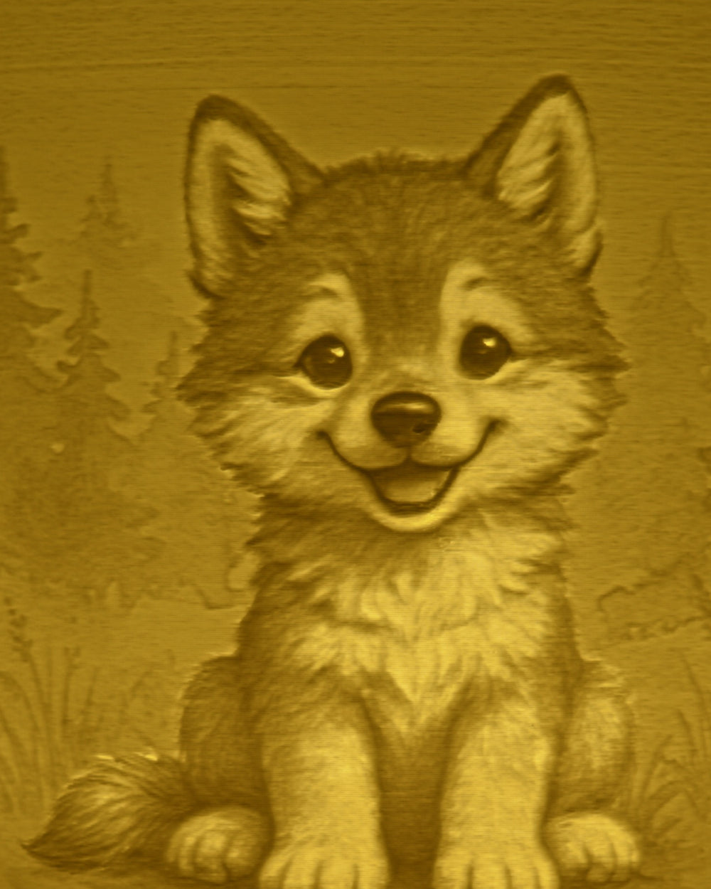 Close-up of the Wolf design in warm light