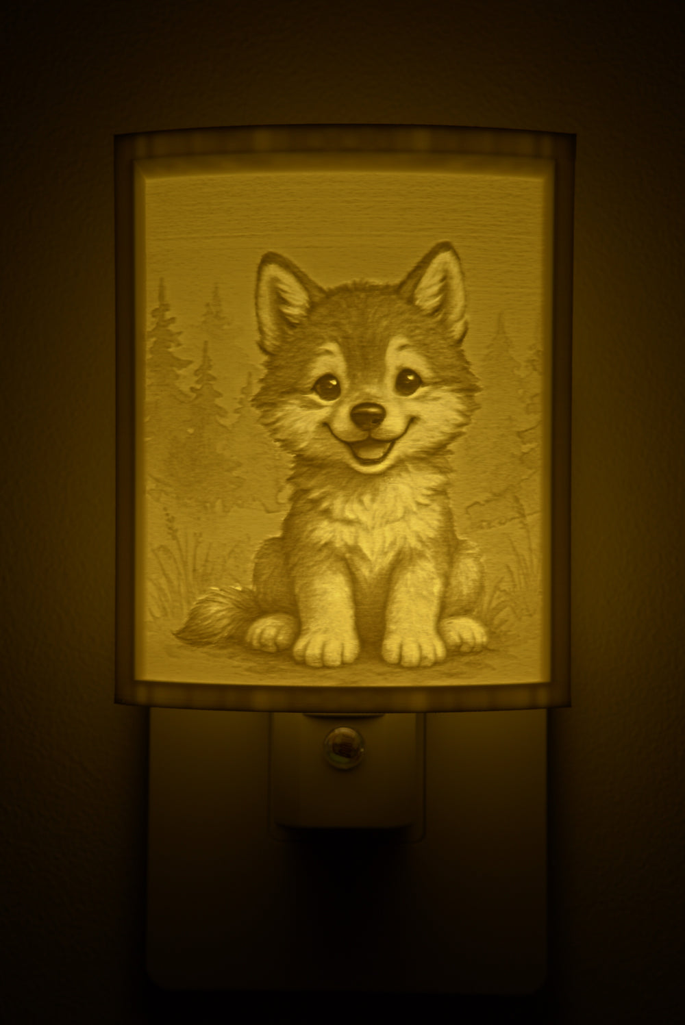 Close-up of the wolf design in warm light