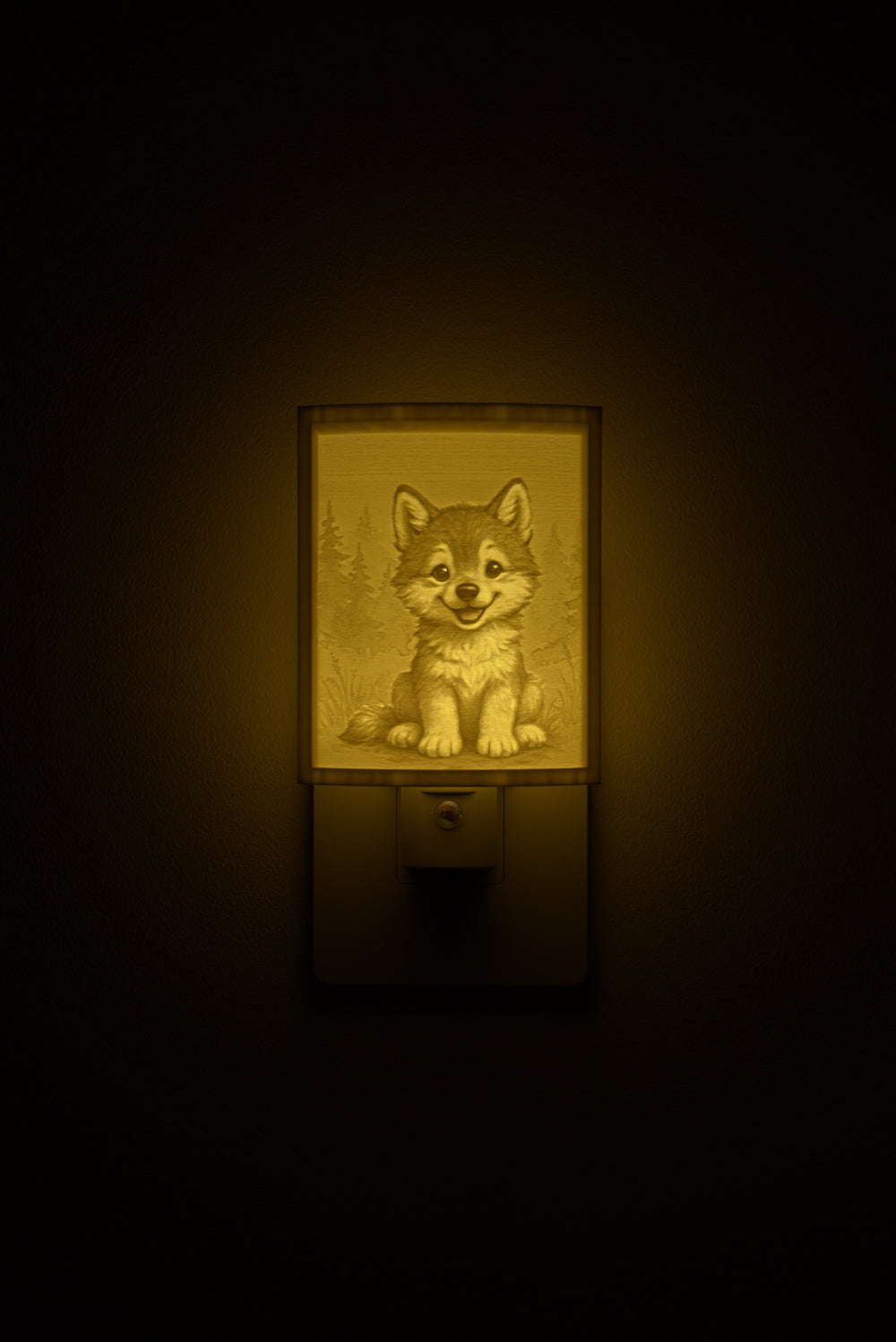 Wolf night light glowing against a dark wall, plugged into an outlet