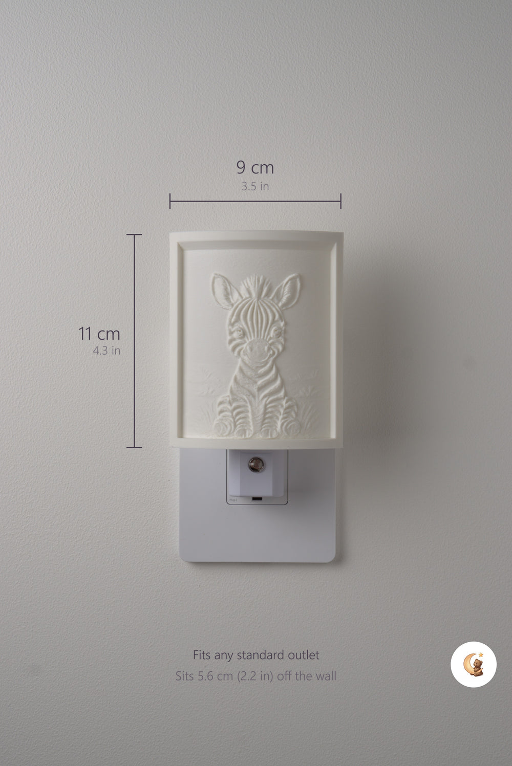 Size guide: the Zebra night light is 9 cm (3.5 in) wide by 11 cm (4.3 in) tall and fits any standard outlet