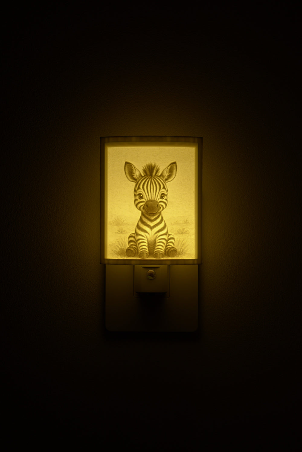 Zebra night light glowing against a dark wall, plugged into an outlet