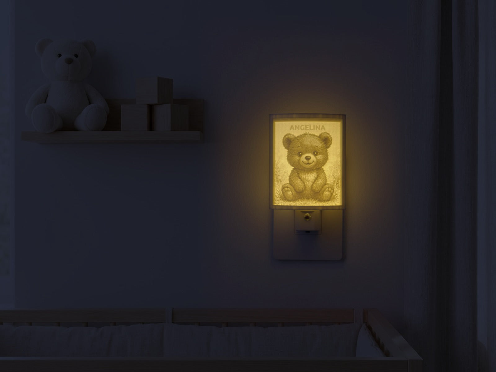 The same nursery at night — the light on, the name Angelina glowing warm above the artwork